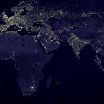 antropocene-earth-lights-eurasia Outer space night photo, lights shining represent human population density and wealth. Locations: Europe, Africa, Asia, Oceania